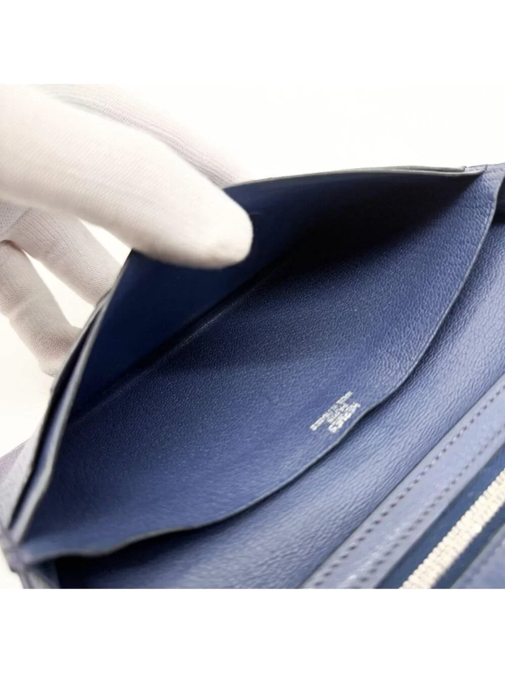 Hermes Bearn Soufflet Chevre Navy Wallet Silver Bifold